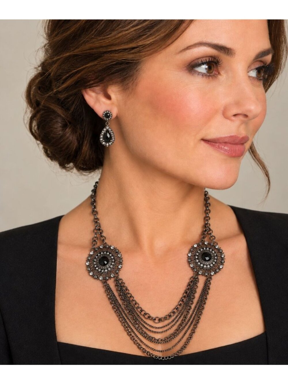 Express Gunmetal Statement Necklace, Multi Strand Draped Chain Rhinestone 28"-30